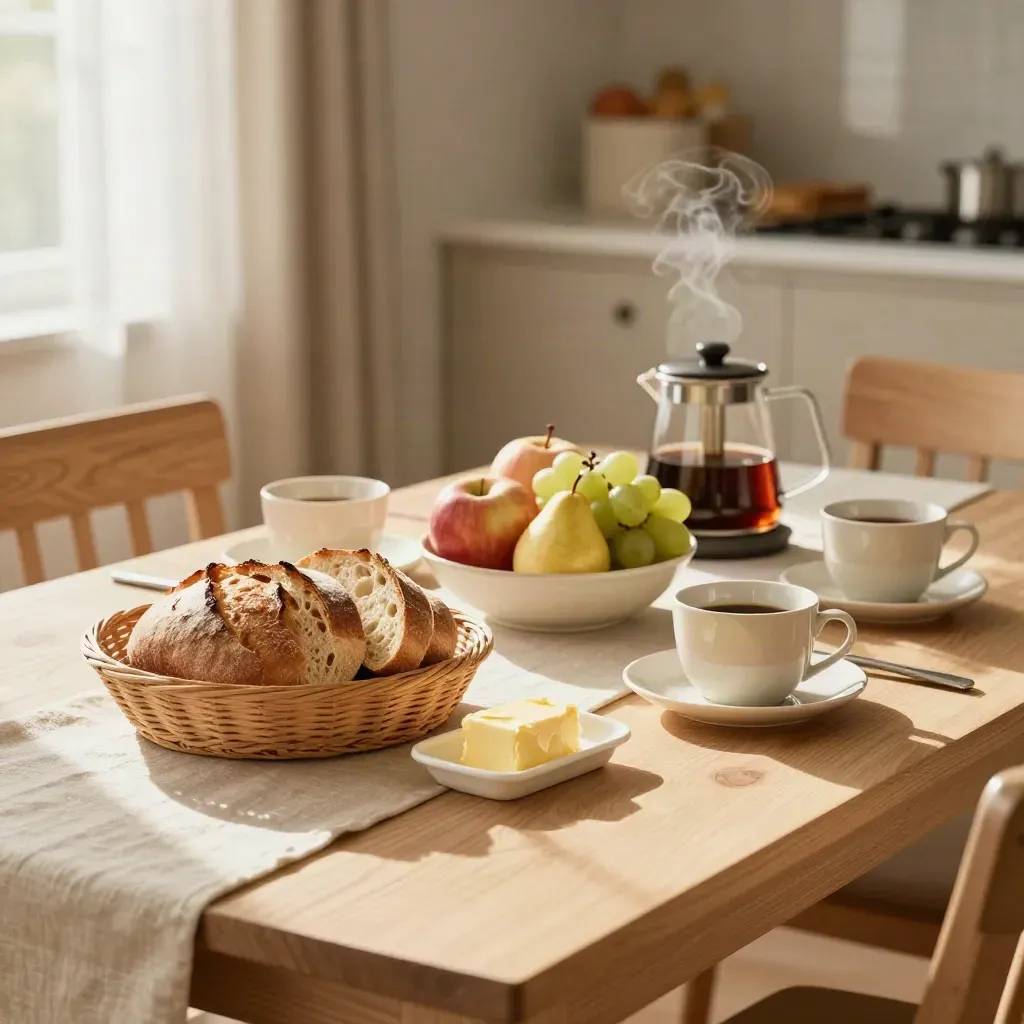 Ontbijttafel met brood, fruit, koffie en kopjes in een lichte, warme hotel-eetkamer.