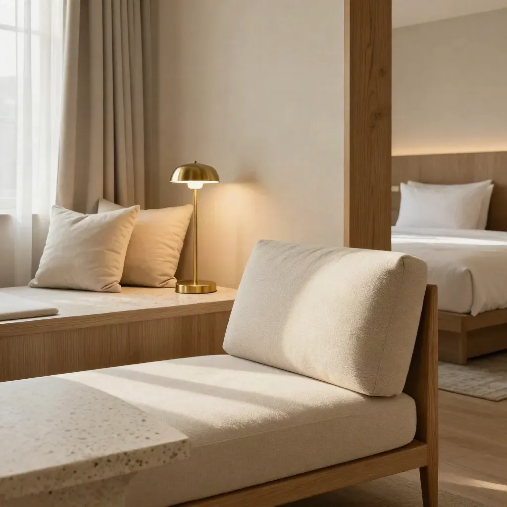 Ruime hotelsuite met loungechair, travertin tafel en zacht daglicht.