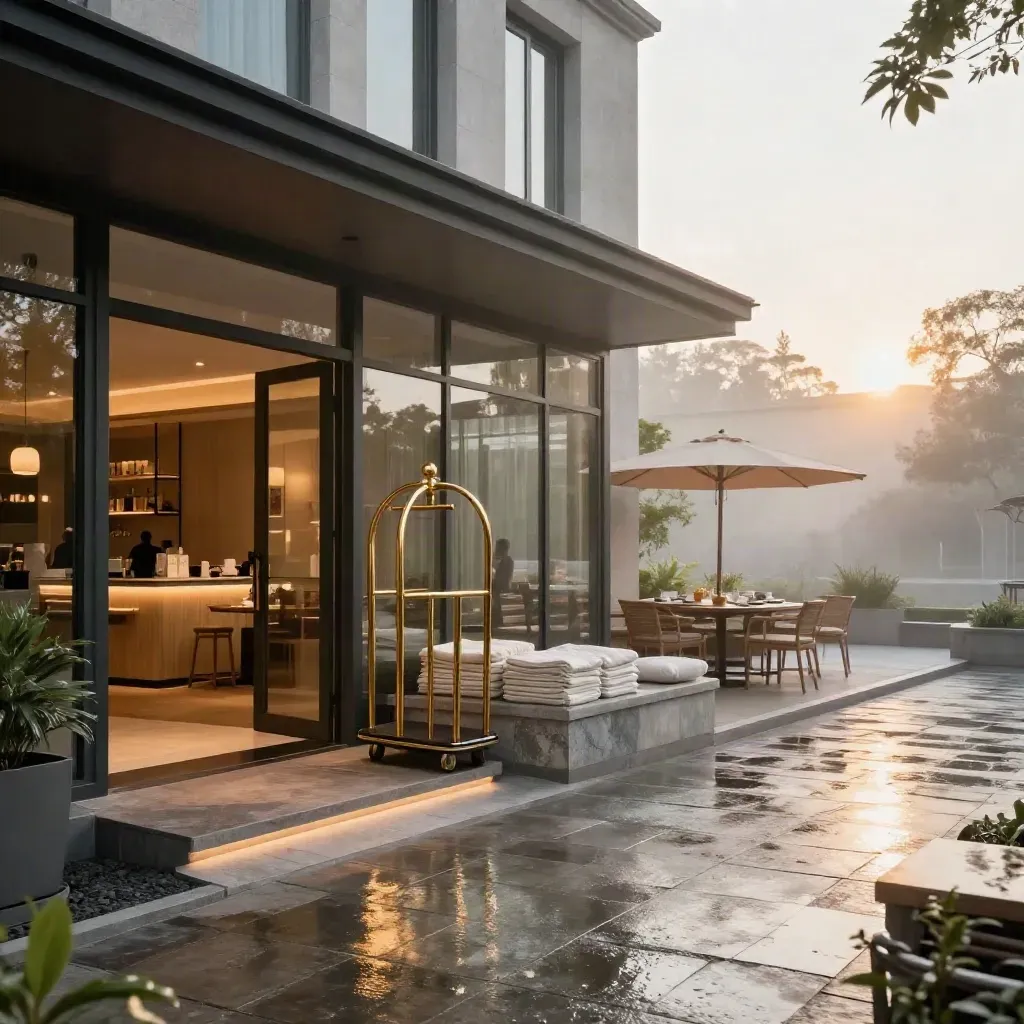 Hotelentree van De Zon Hotels met natte stenen, glazen lobby en warme ochtendlucht.