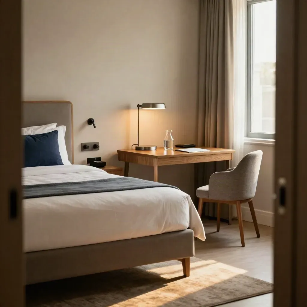 Standaardkamer met opgemaakt bed, bureau, leeslamp en zacht raamlicht.