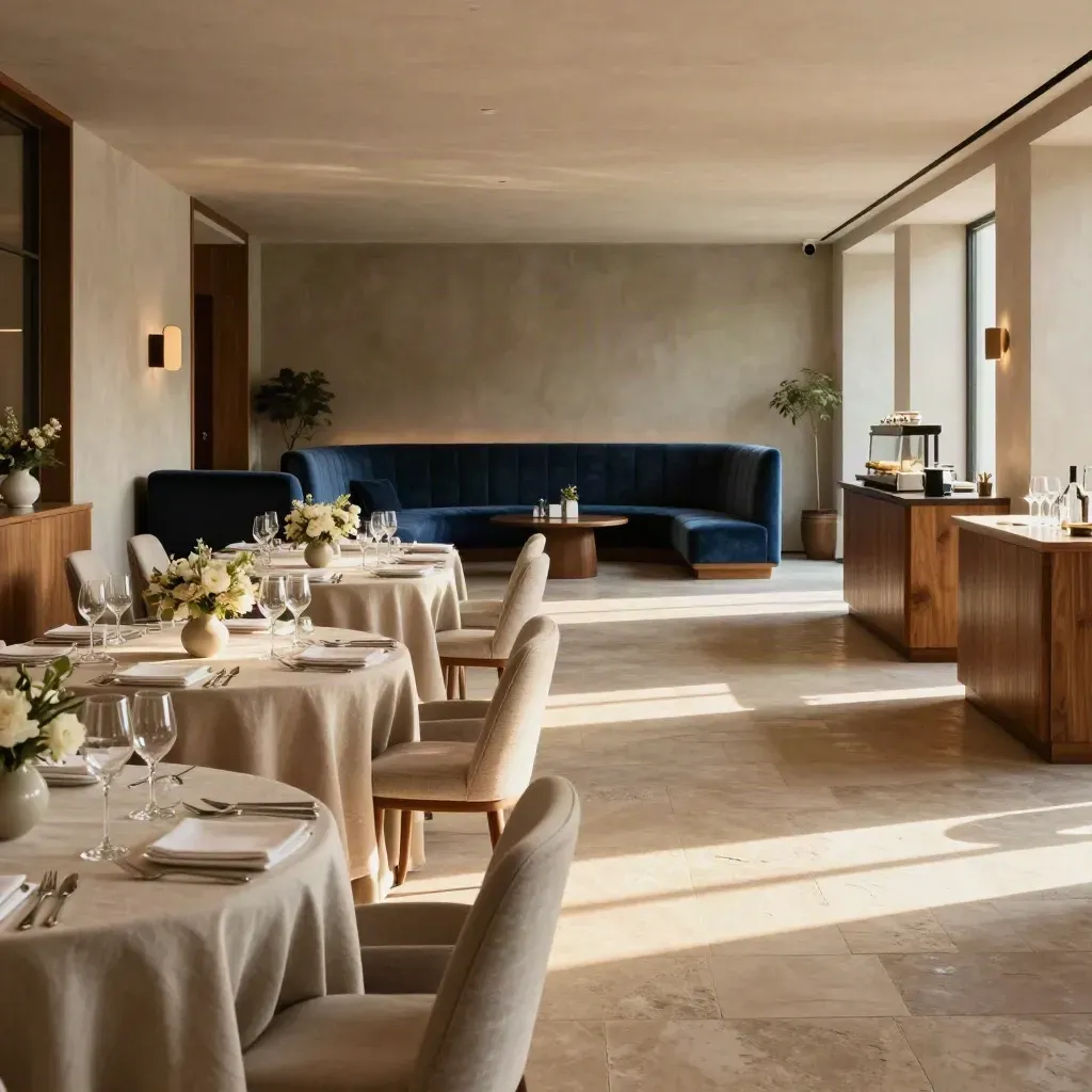 Geklede evenementenzaal met tafels, bloemen, stoelen en loungehoek in warm hotellicht