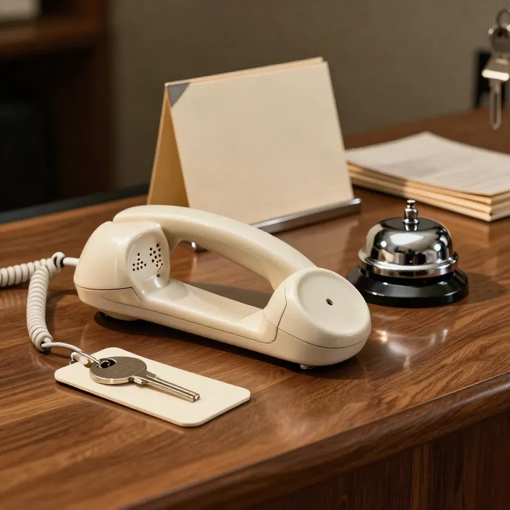 Hotelreserveringsdesk met telefoon, sleutelhoesjes, bel en map op een warme houten balie.