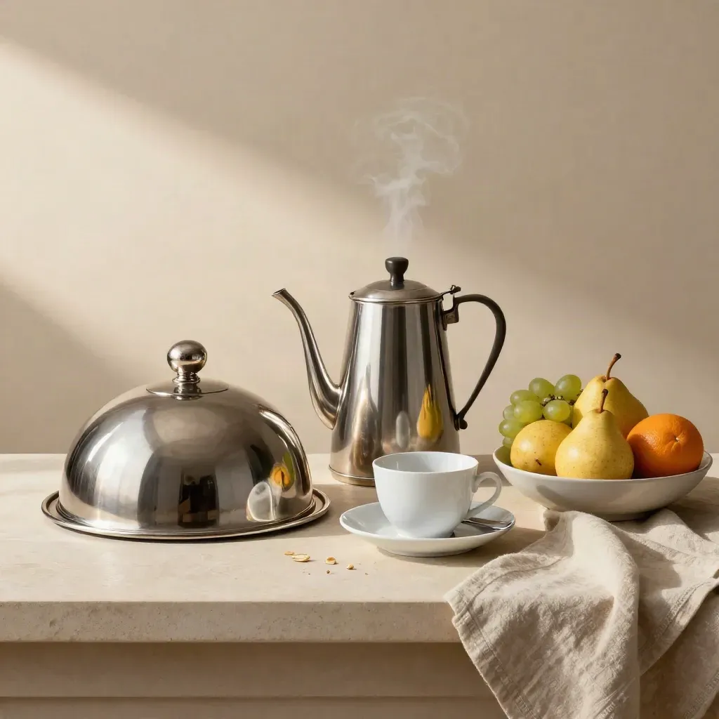 Ontbijtservice-still life met cloche, koffiepot, kopjes en fruit op een lichte balie.