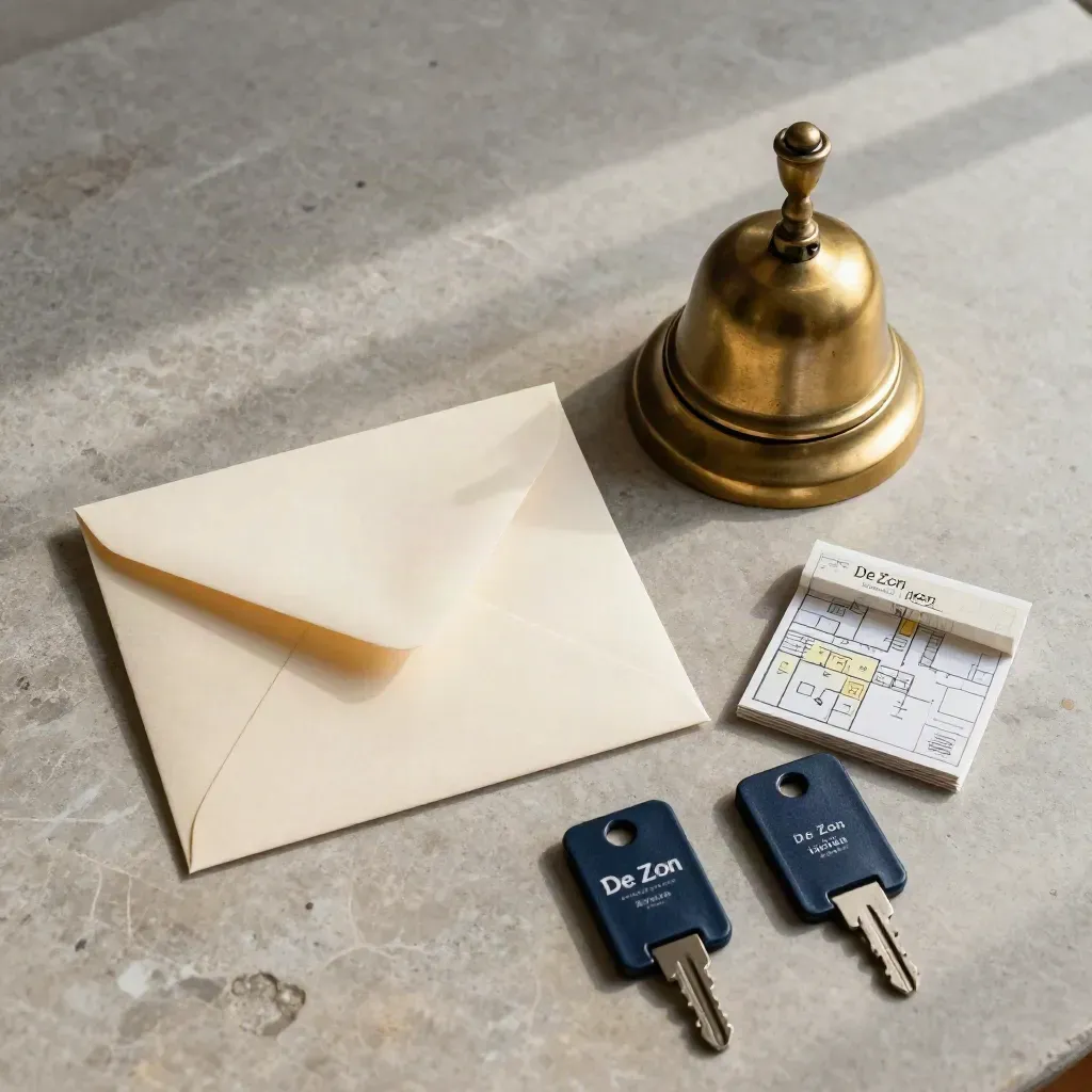 Sealed proposal envelope, brass bel, room map en twee sleutelhulzen op steen.