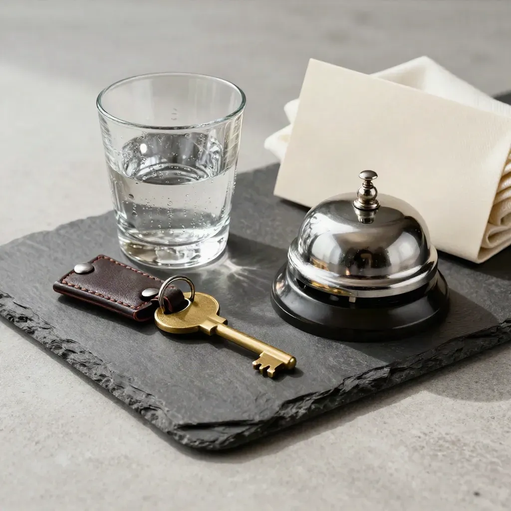 Sleutel, bel, badjaslint en koel glas op donkere tray in zacht hotellicht.