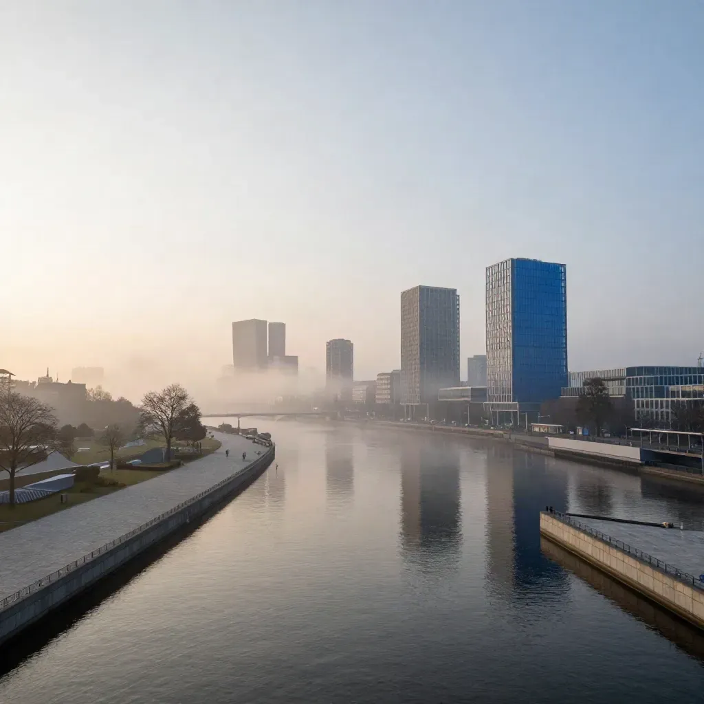 Randstad skyline bij zonsopkomst boven mistig water, met veel rustige ruimte voor tekst.