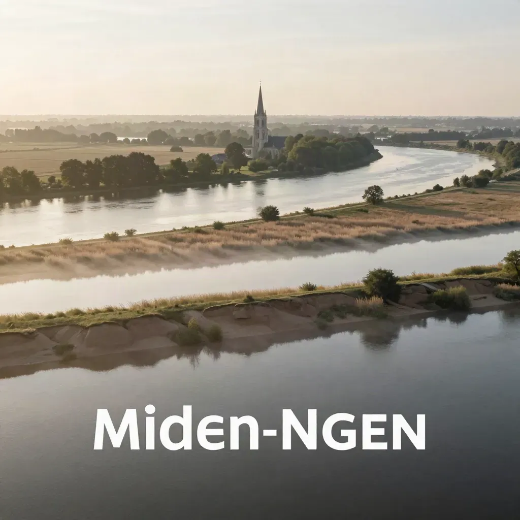 Luchtfoto van Midden-Nederland met water, bomen, een toren aan de horizon en zachte gouden nevel.